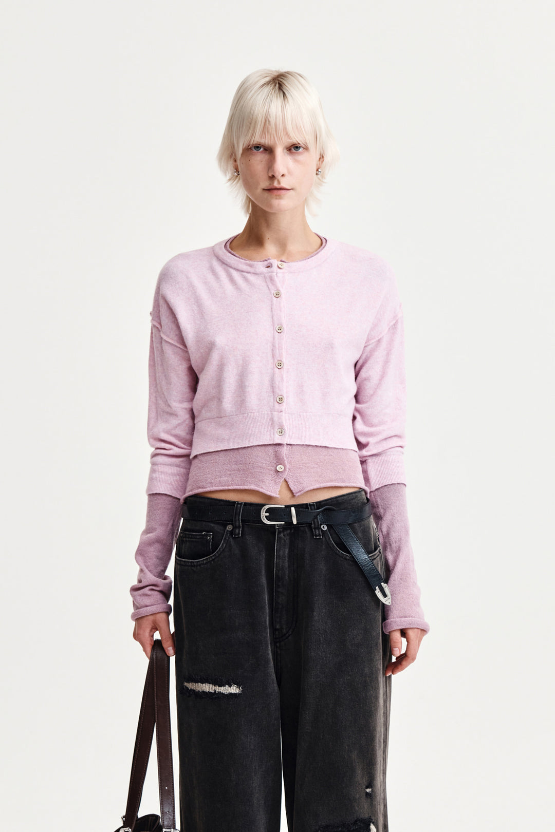 Matin Kim Layered Texture Knit Cardigan in Lilac