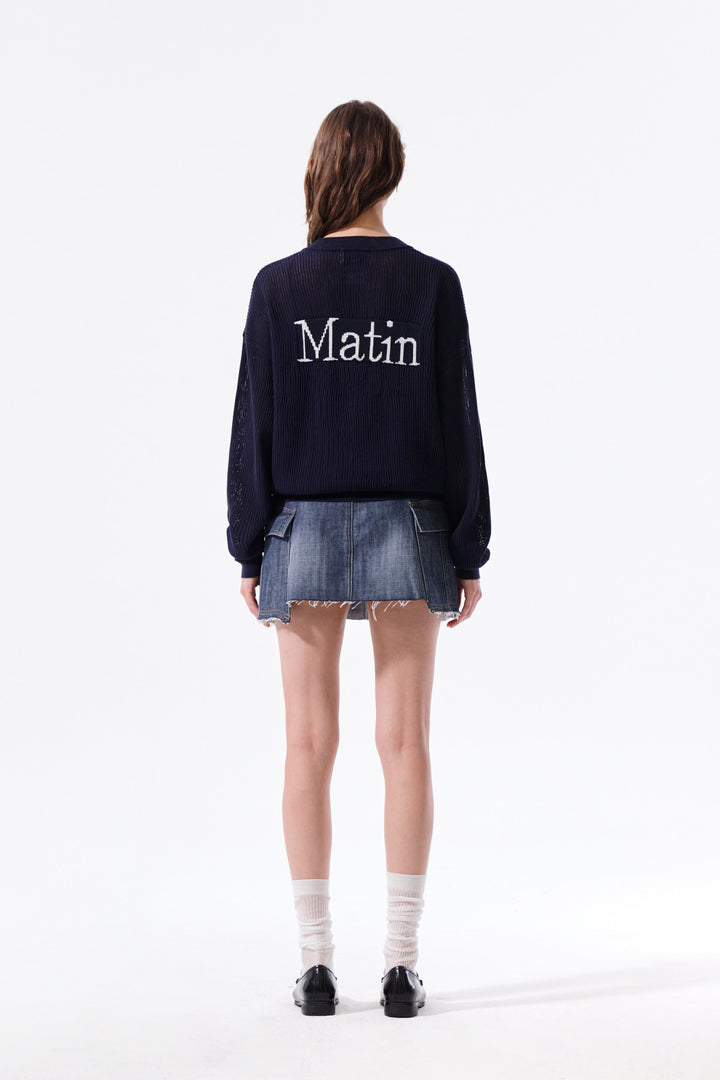 Matin Kim Back Logo Jacquard Mesh Knit Zip — Navy blue