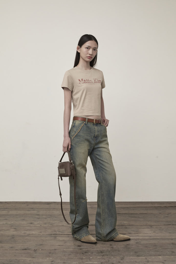 Matin Kim Stamp Logo Graphic Crop Top — Beige