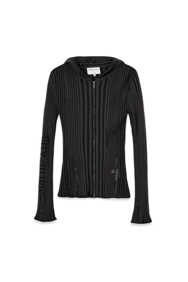Matin Kim Logo Point Damage Slim Hoody Cardigan — Charcoal