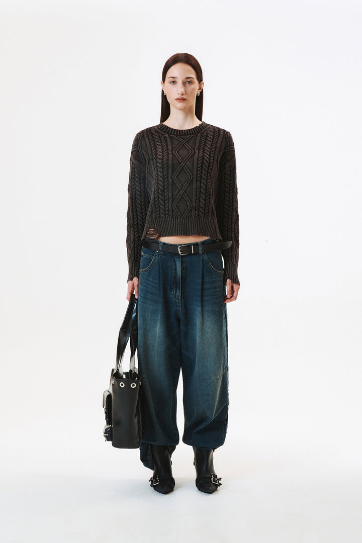 KIMMATIN Washed Cable Pullover Dark — Brown