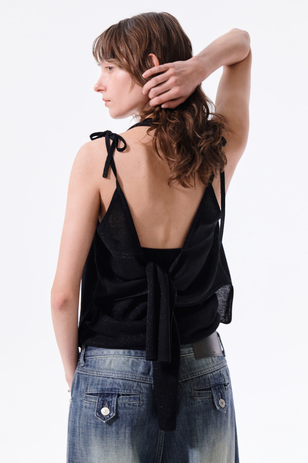 Matin Kim Layered Tie Halter Neck Knit Top — Black