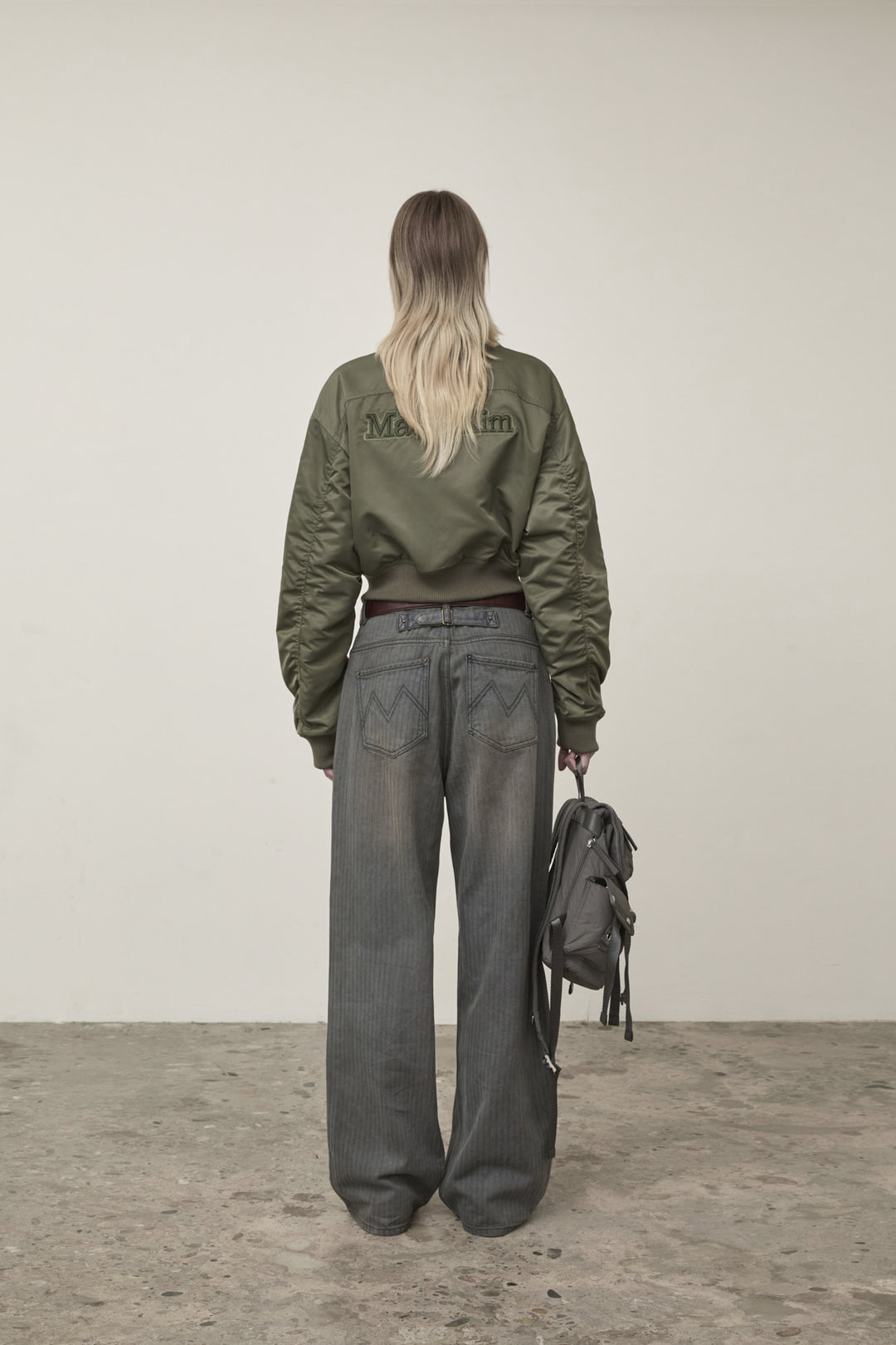 Matin Kim Appliqué Logo Shirring Bomber Jacket — Khaki