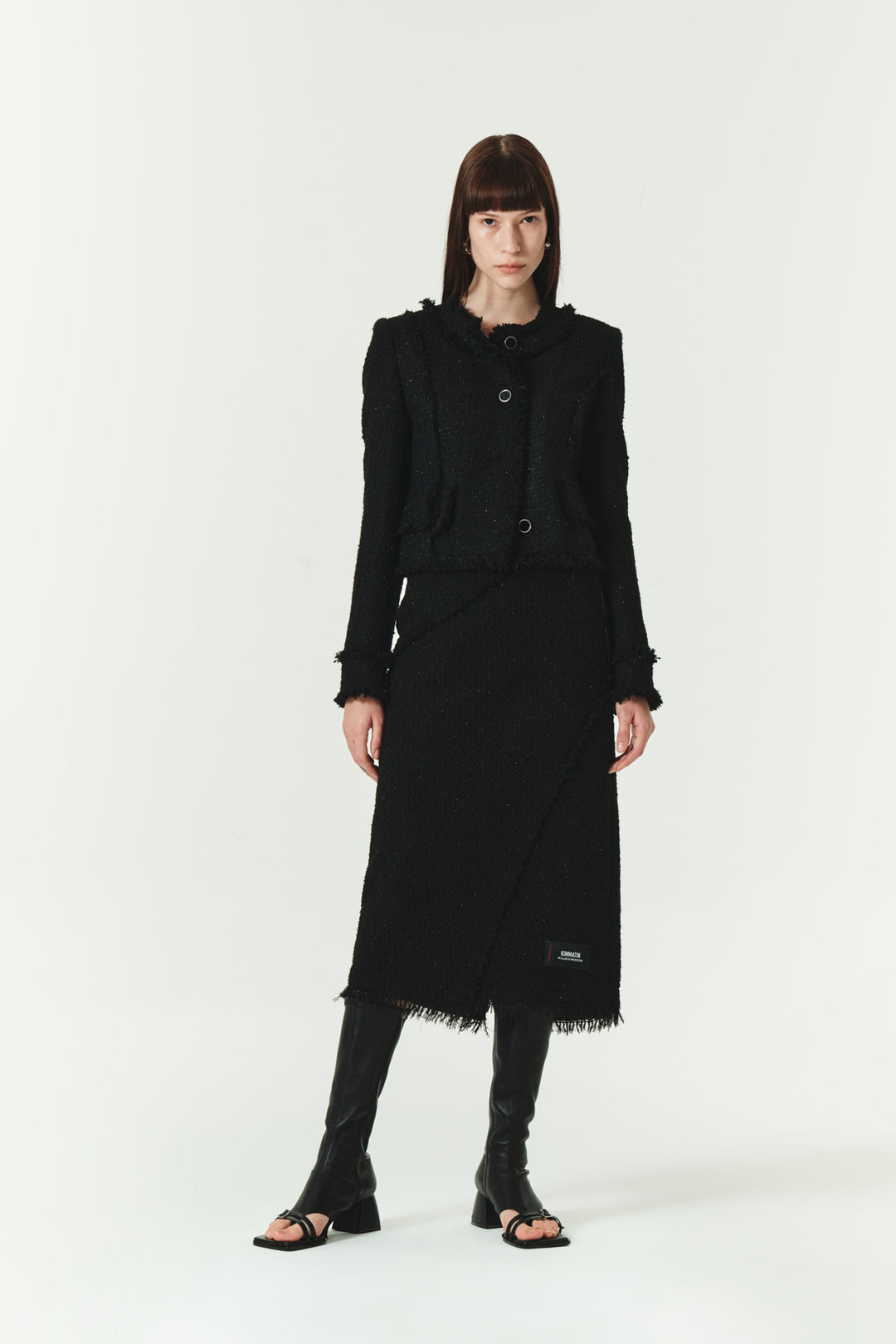KIMMATIN Unbalance Tweed Crop Jacket — Black