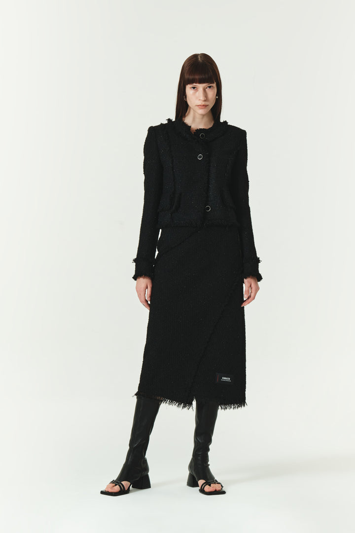 KIMMATIN Unbalance Tweed Crop Jacket — Black