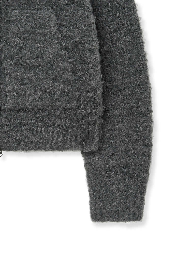 Matin Kim Boucle Knit Zip-Up Cardigan — Charcoal