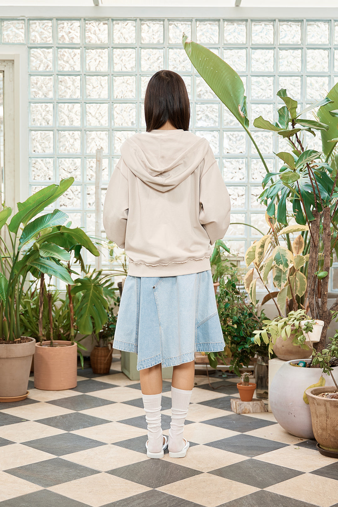 Matin Kim Appliqué Cutout Logo Zip Hoodie — Beige