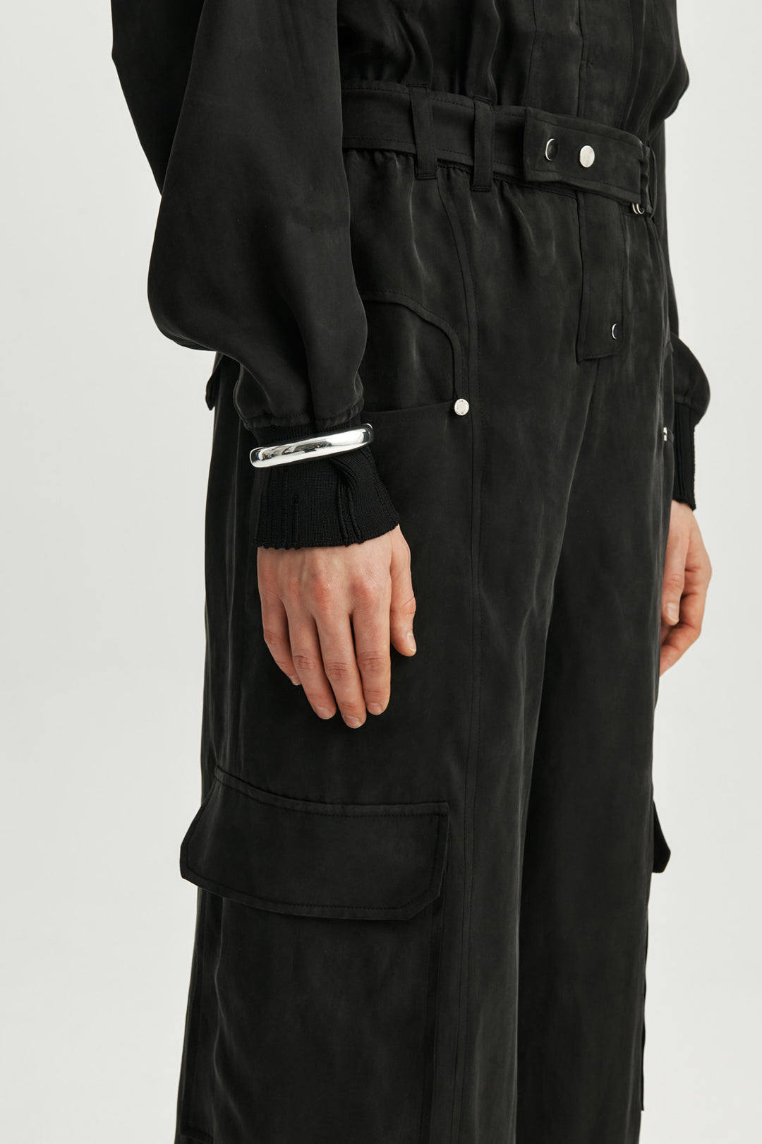 KIMMATIN Silky Belted Cargo Jumpsuit — Black