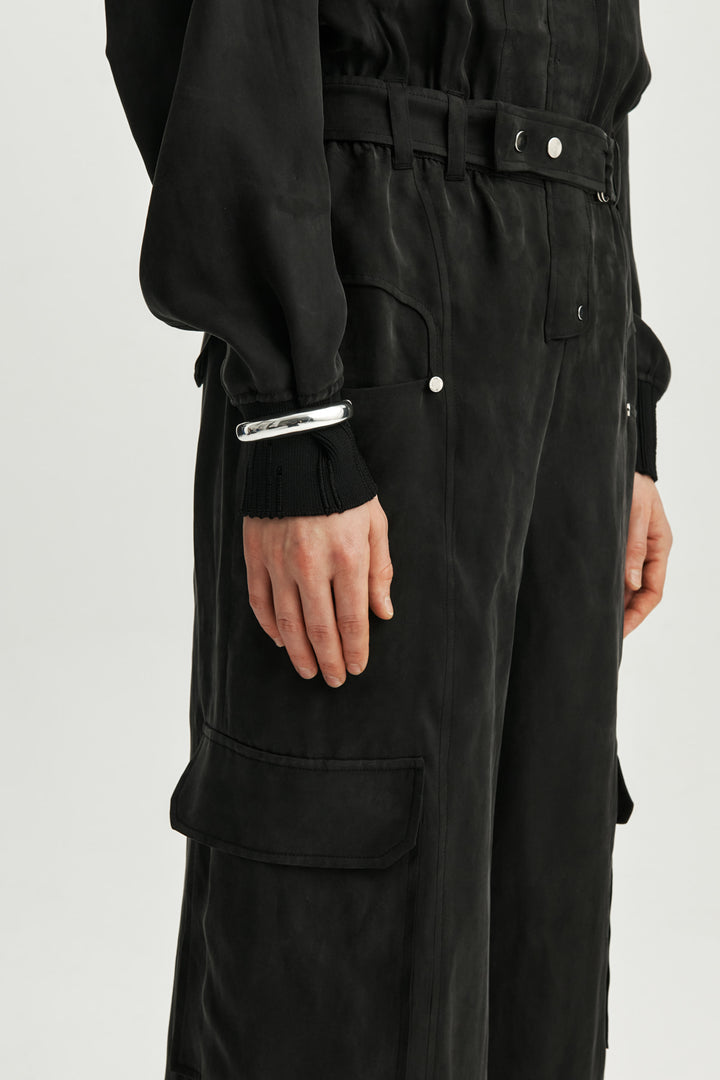 KIMMATIN Silky Belted Cargo Jumpsuit — Black
