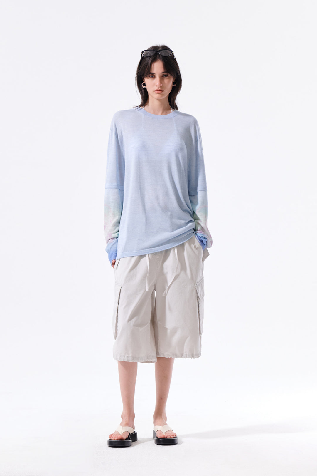 Matin Kim Sleeve Print Knit Pullover — Light Blue