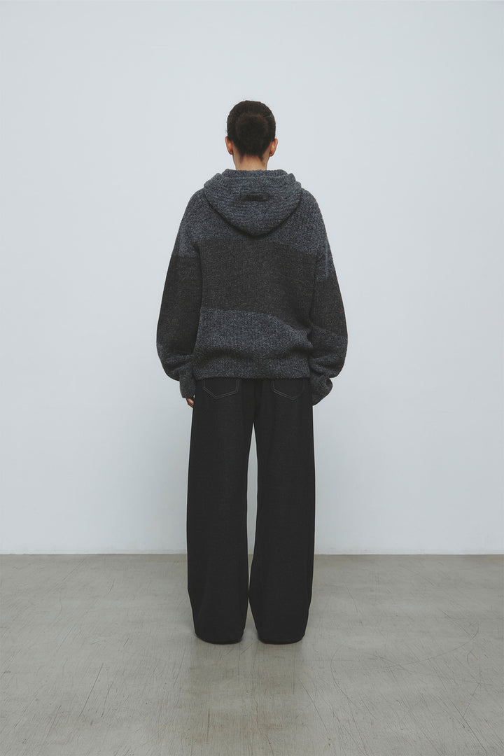KIMMATIN Color Mix Unbalance Knit Hoody — Charcoal