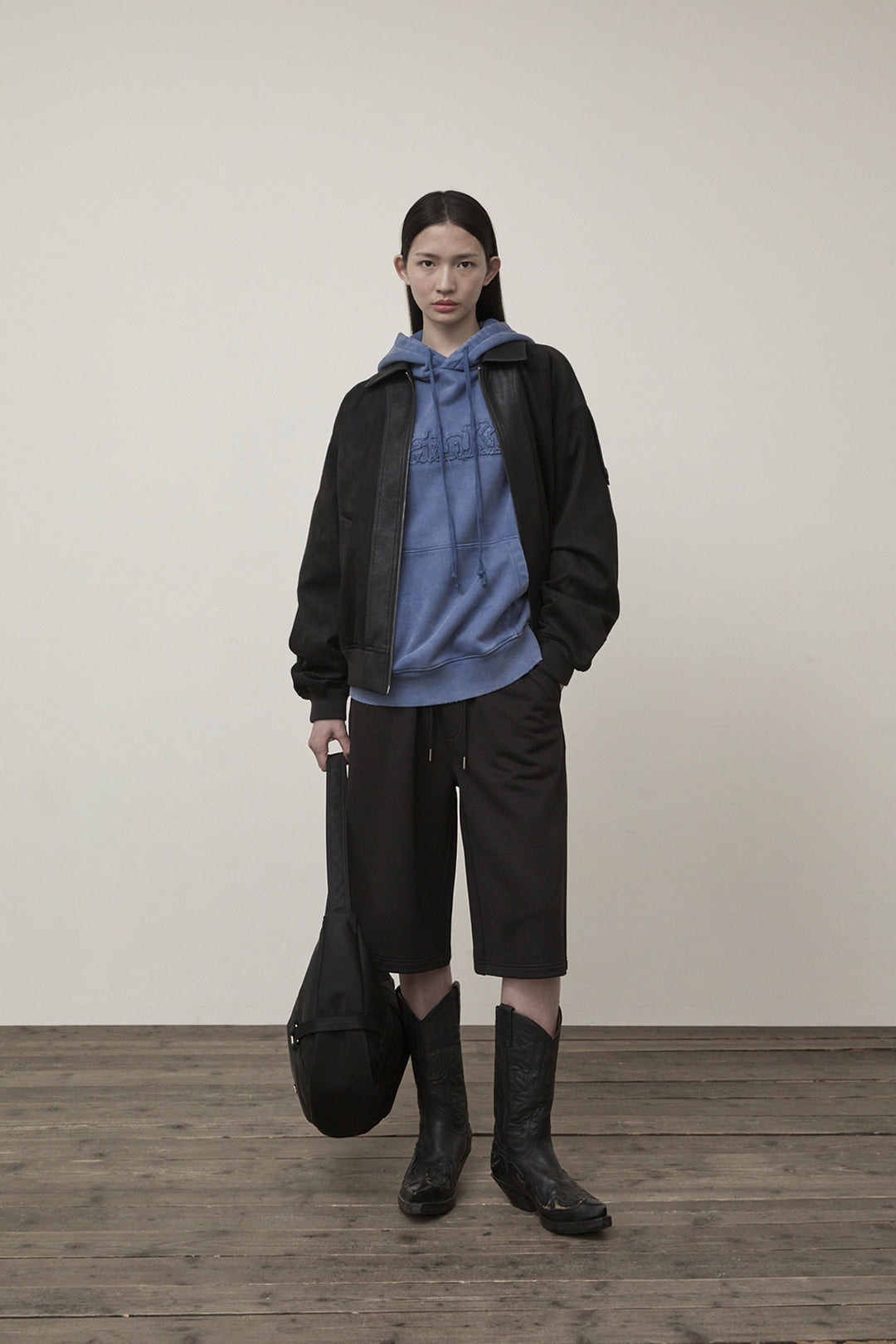 Matin Kim Suede Mix Leather Zip Jumper — Black
