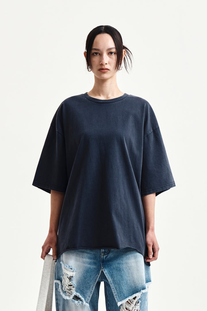 Matin Kim Raw Cut Graffiti Logo Top — Navy blue