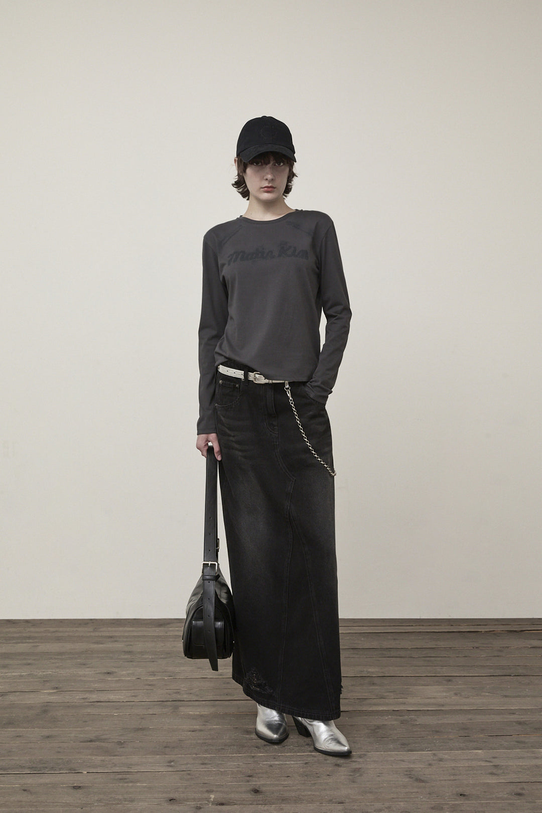 Matin Kim Damage Point Long Denim Skirt — Black
