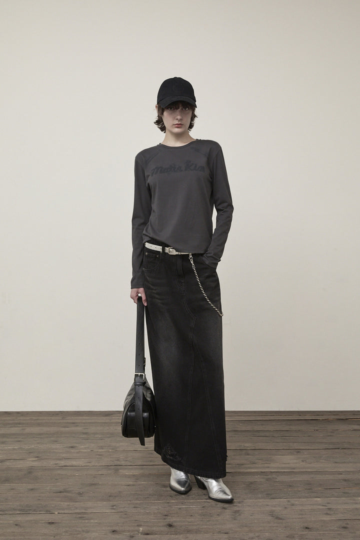 Matin Kim Damage Point Long Denim Skirt — Black
