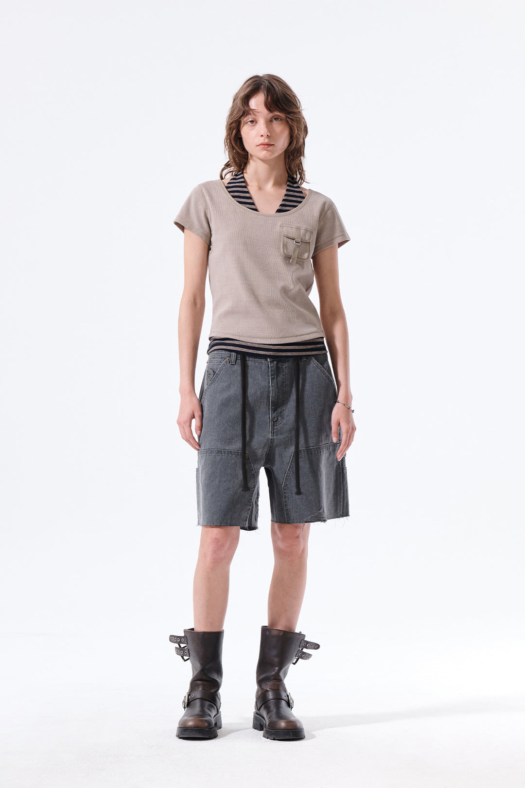 Matin Kim Herringbone Raw Cut Denim Shorts — Gray