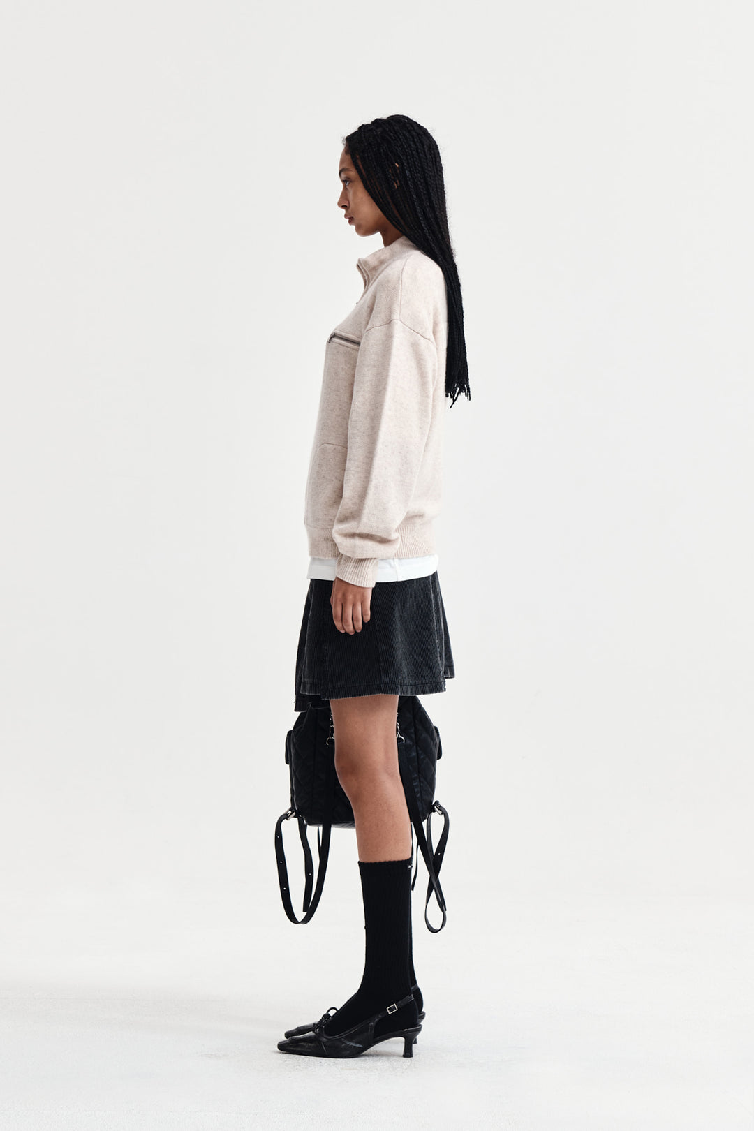 Matin Kim Back Logo Half Knit Zip Pullover — Beige