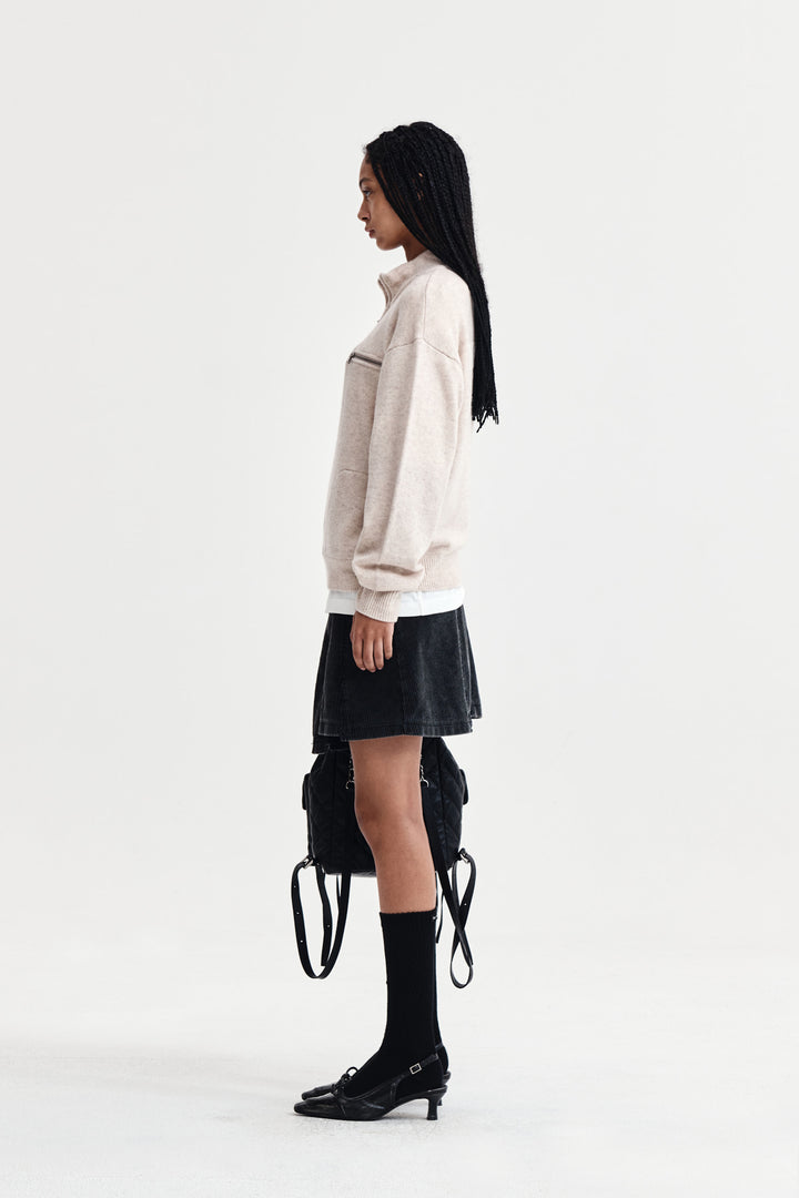 Matin Kim Back Logo Half Knit Zip Pullover — Beige