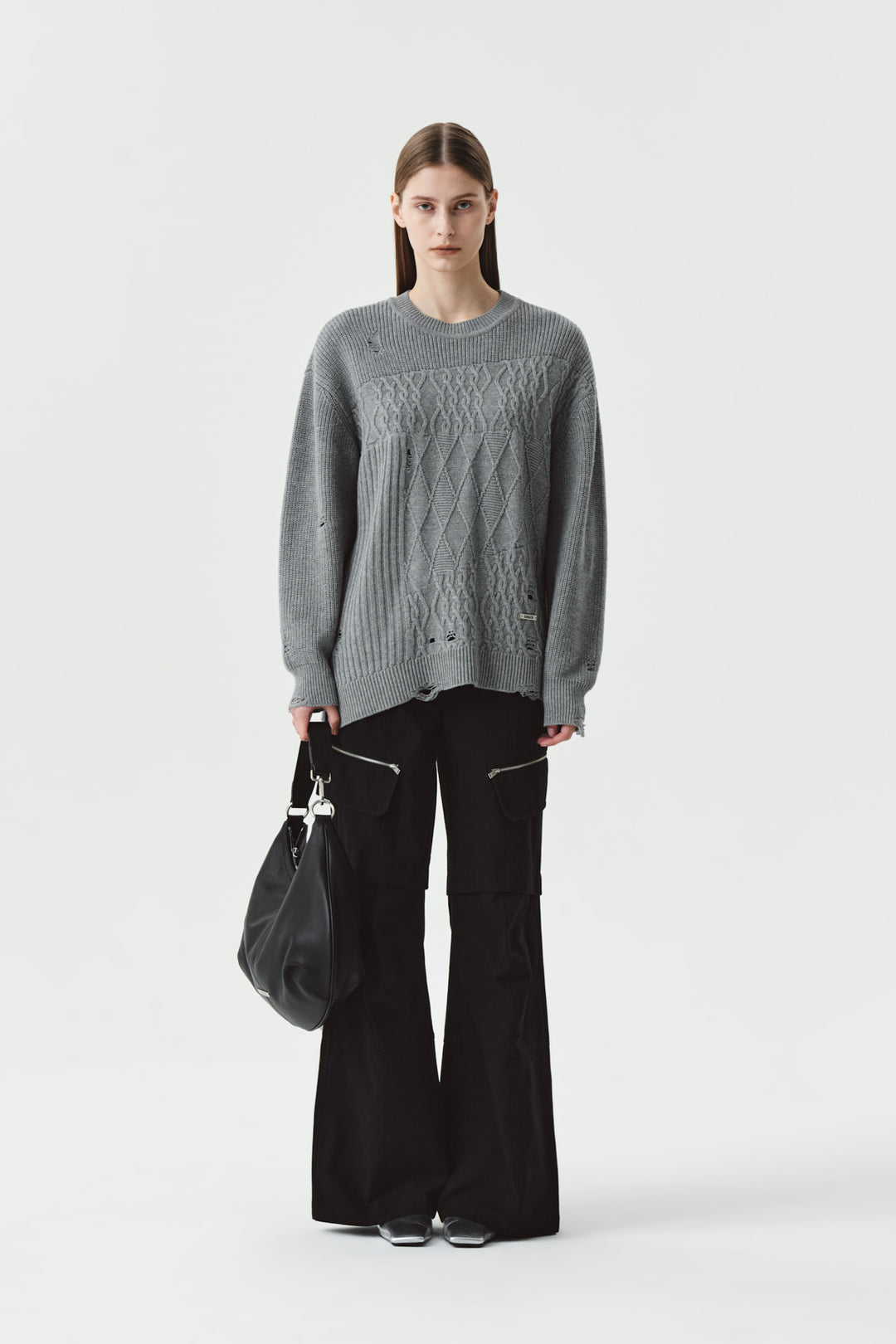 KIMMATIN Cable Mix Damage Knit Pullover — Gray