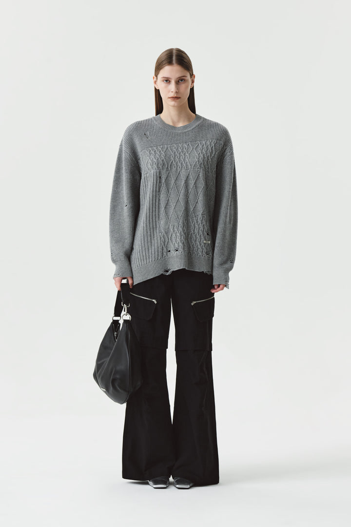 KIMMATIN Cable Mix Damage Knit Pullover — Gray