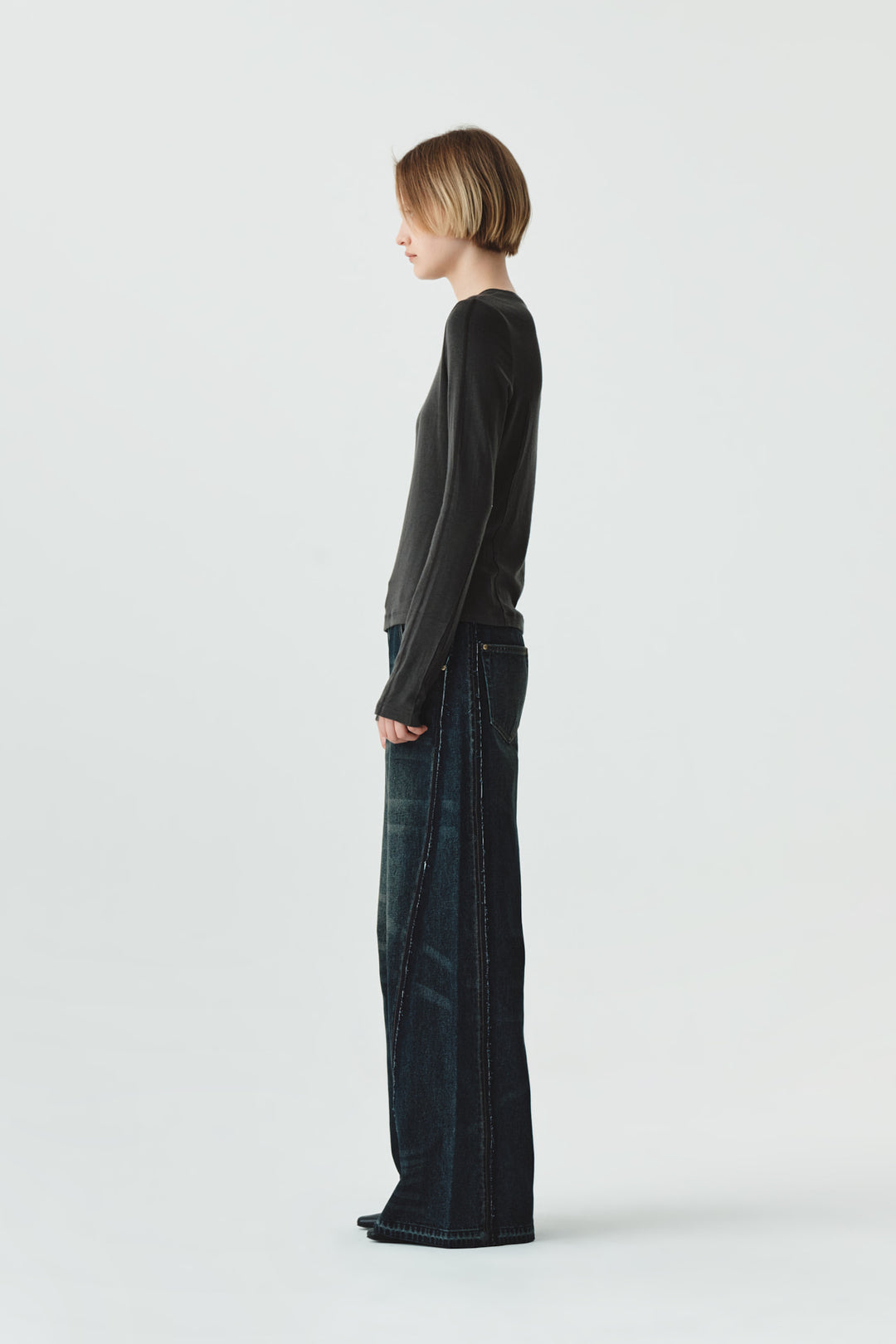 KIMMATIN Washed Cut Out Wide Denim — Navy blue