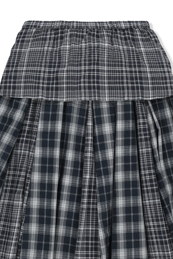Matin Kim Mixed Check Sleeve Tie Flare Skirt — Navy blue
