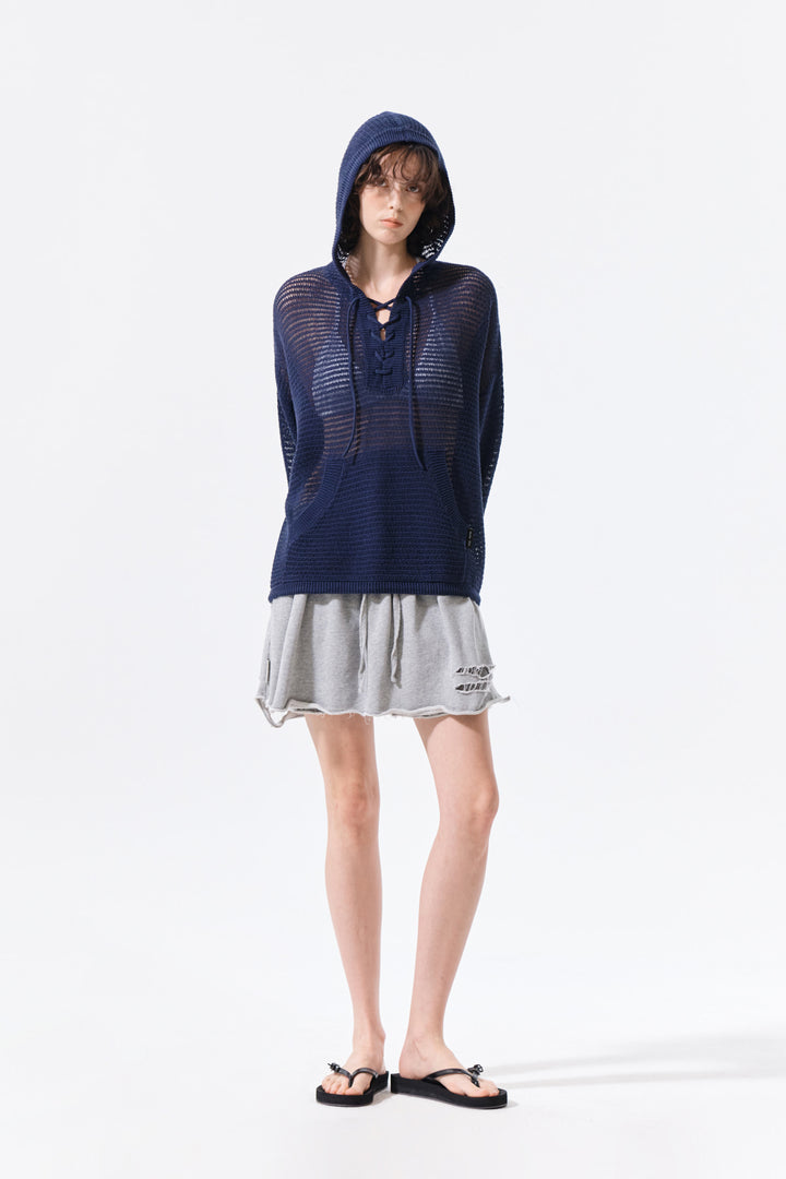 Matin Kim Oversized Mesh Knit Hoodie — Navy blue