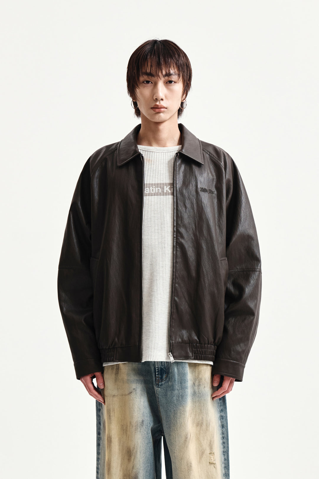 Matin Kim Small Logo Faux Leather Zip-Up — Brown