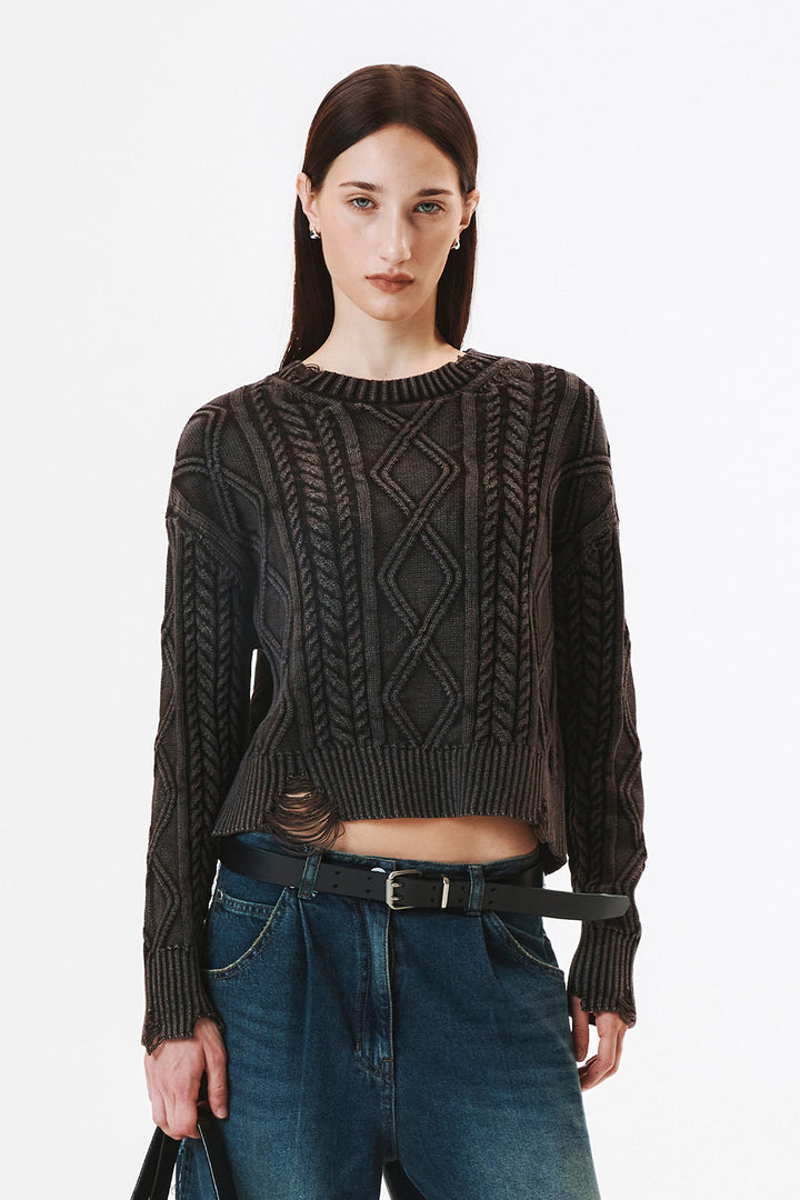 KIMMATIN Washed Cable Pullover Dark — Brown