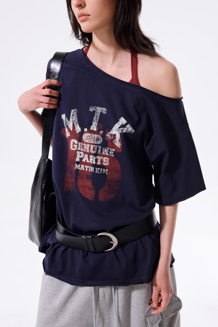 Matin Kim MTK 16 Graffiti Logo Asymmetric Top — Navy blue