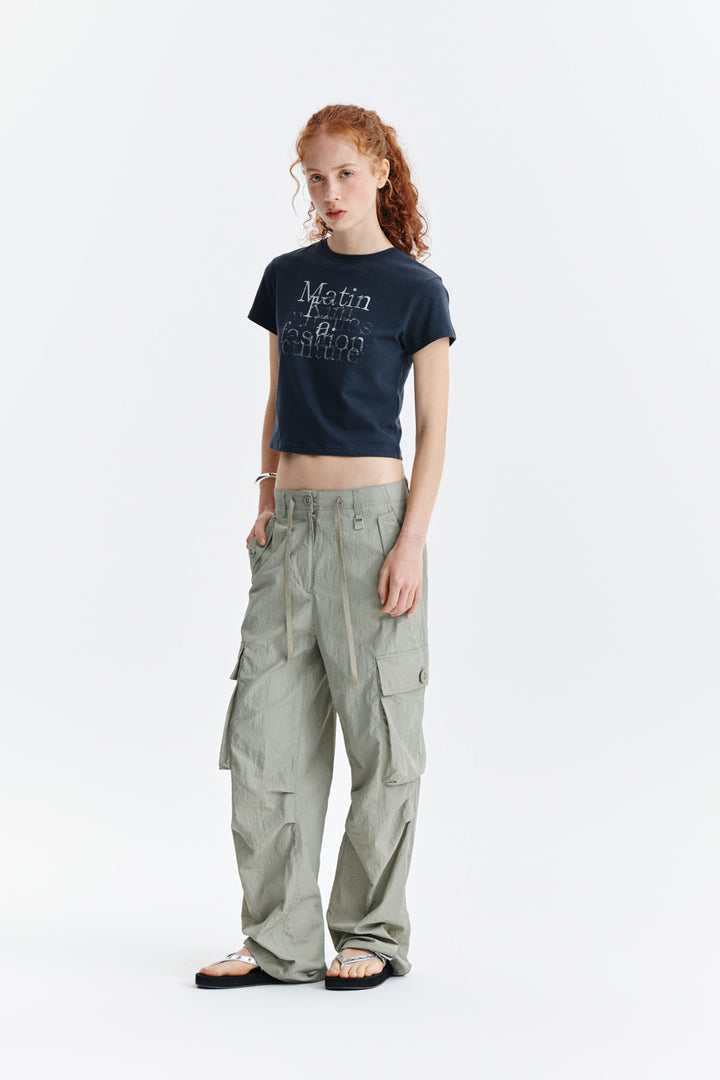 Matin Kim Dusty Typo Graphic Crop Top — Charcoal