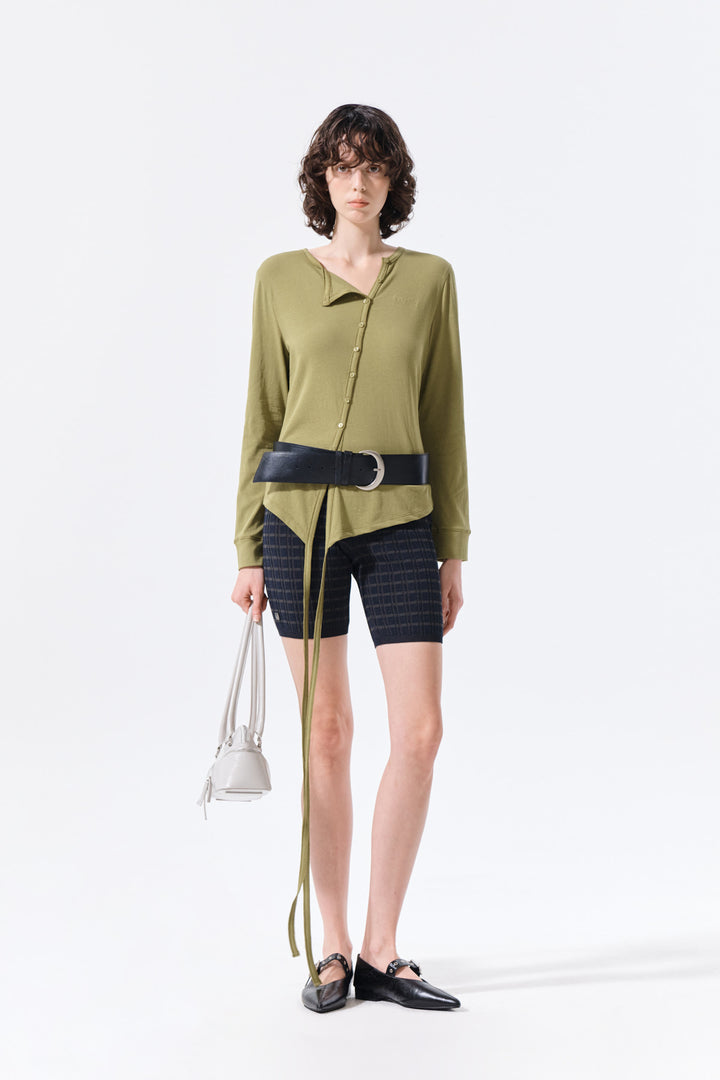 Matin Kim Asymmetric Button Closure Top — Olive