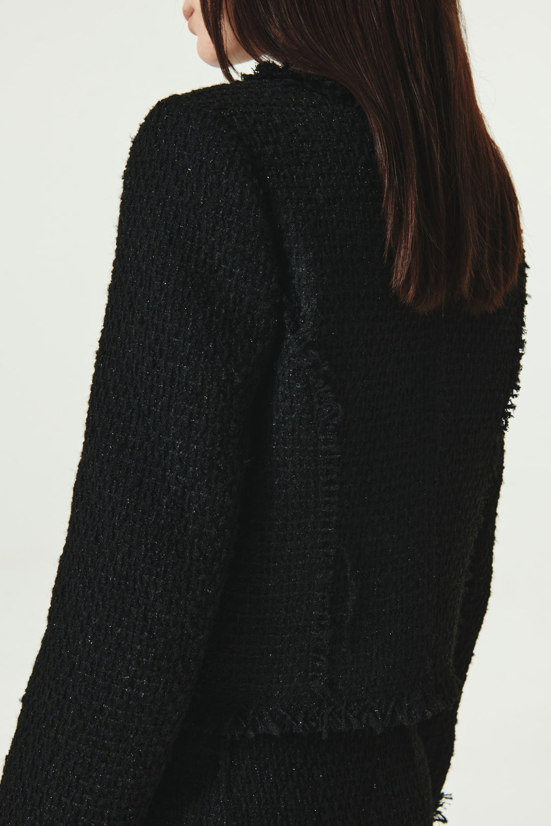 KIMMATIN Unbalance Tweed Crop Jacket — Black