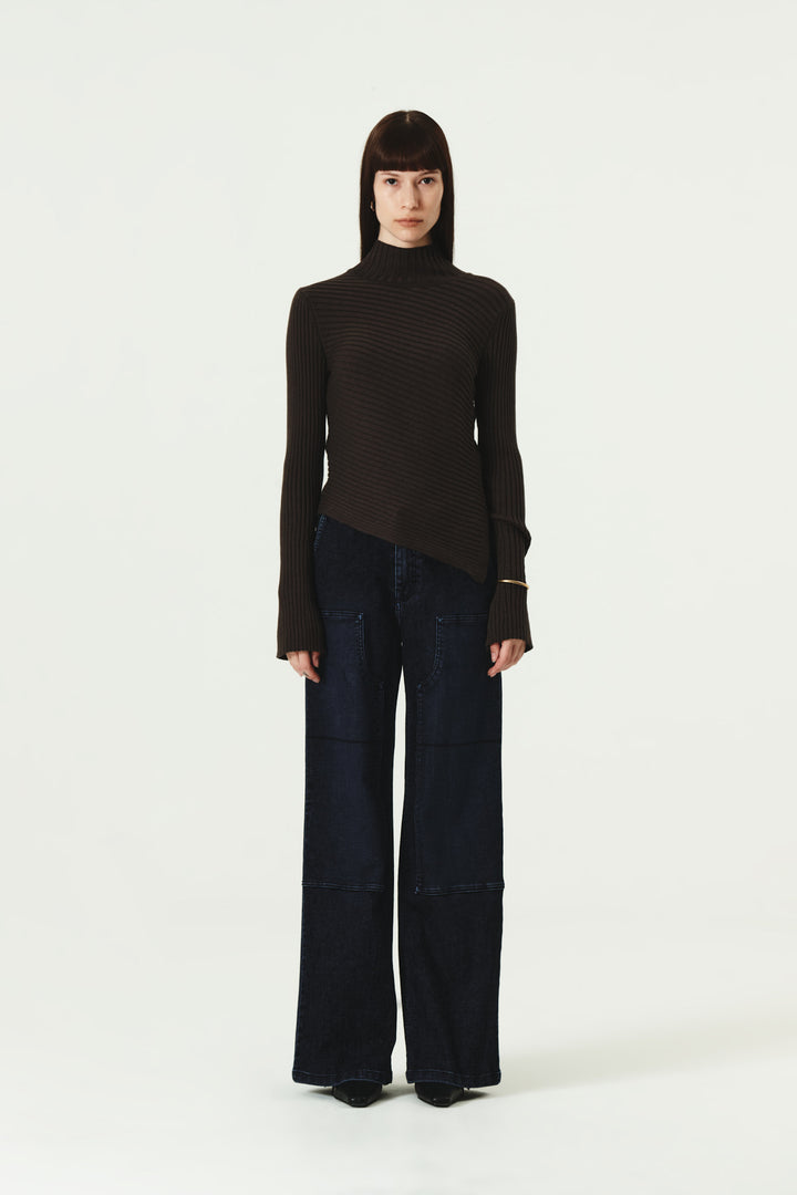 KIMMATIN Unbalance Turtle Neck Knit — Brown