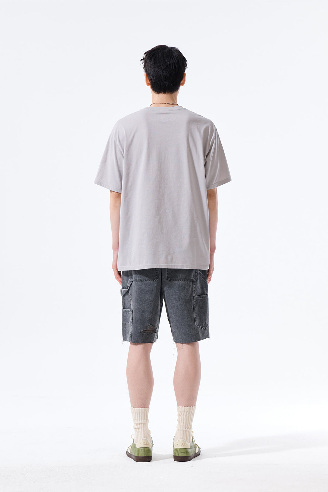 Matin Kim Herringbone Raw Cut Denim Shorts — Gray