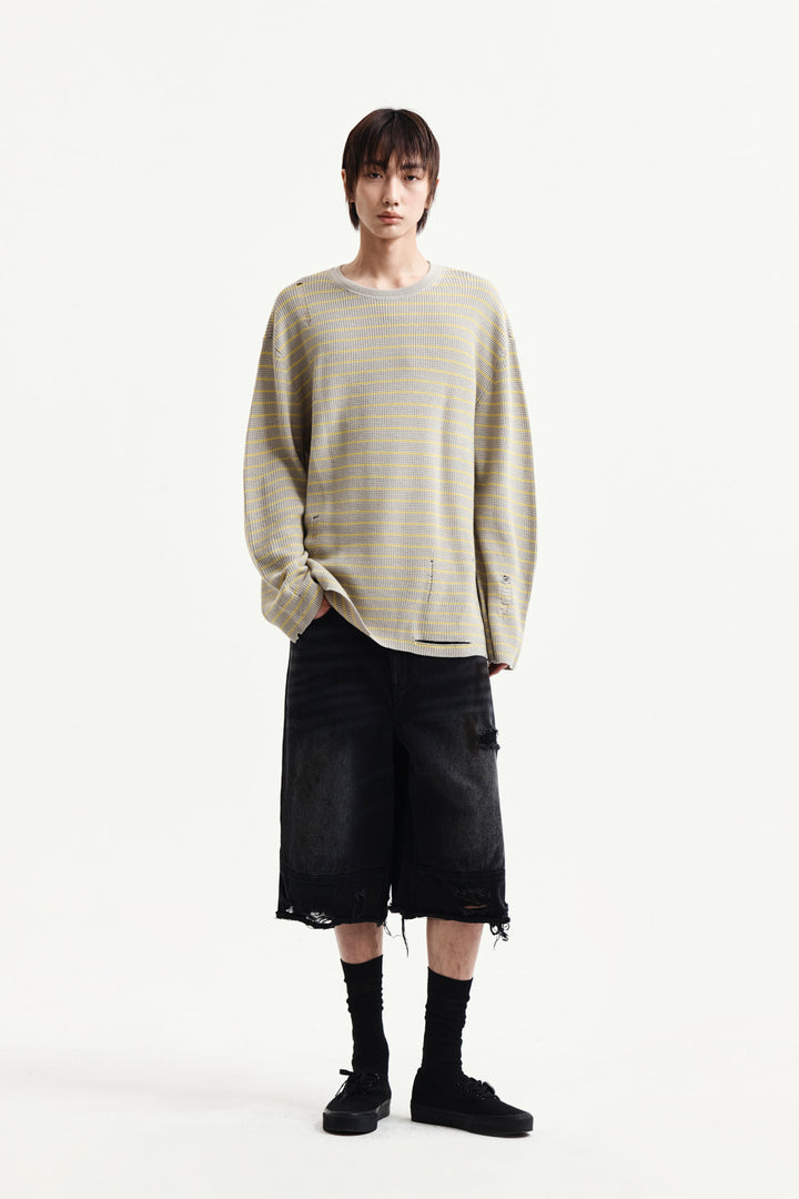 Matin Kim Stripe Damaged Loose Pullover — Beige