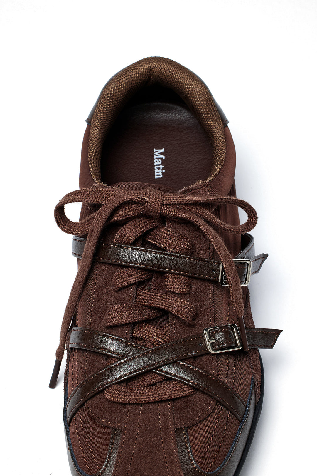 Matin Kim Cross Strap Suede Block Sneaker — Brown