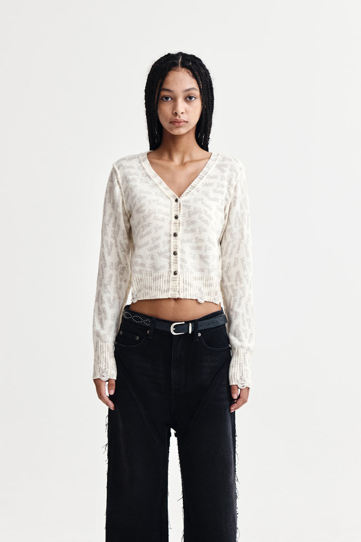 Matin Kim All Over Logo Crop Cardigan — Ivory