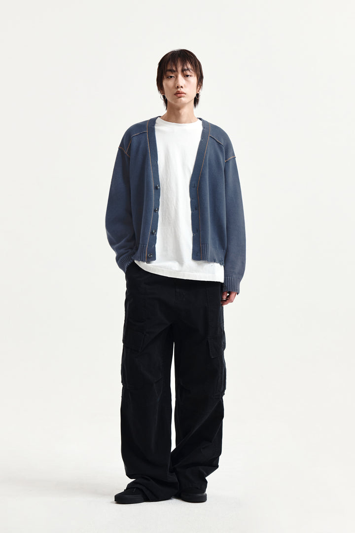 Matin Kim Back Logo Line Point Knit Cardigan — Blue
