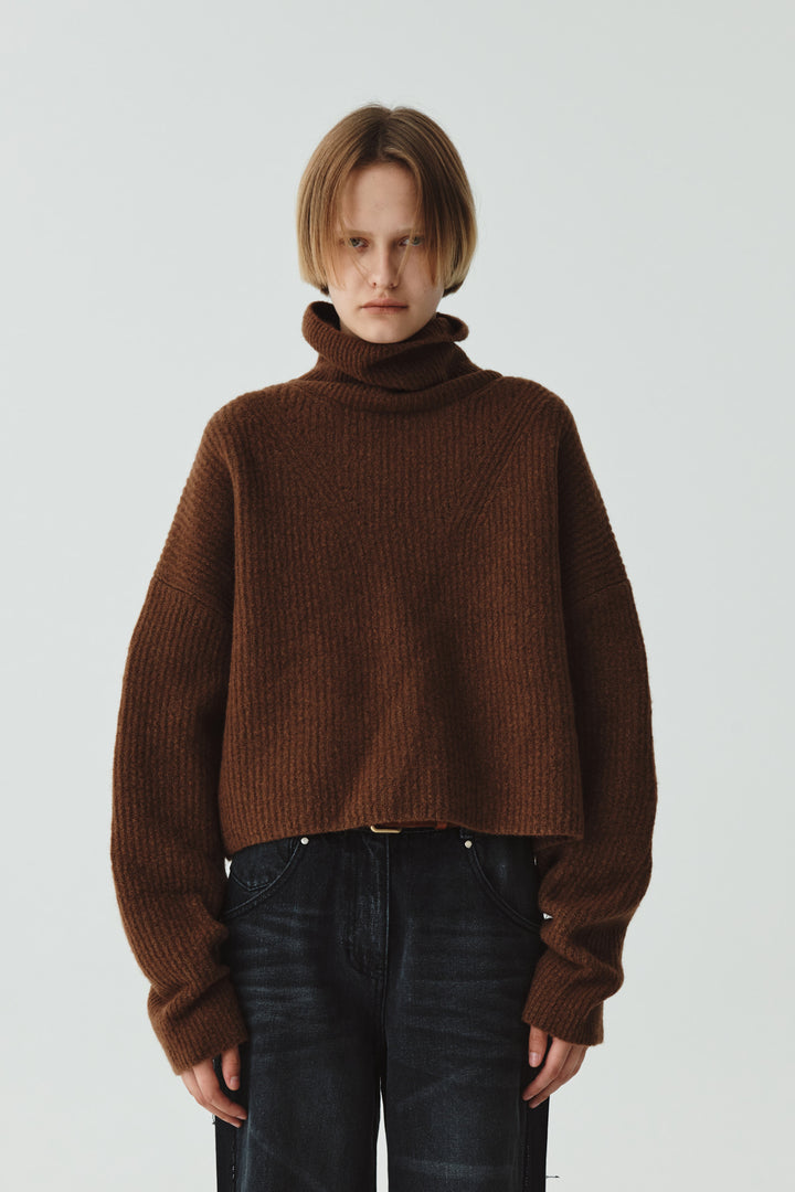 KIMMATIN Wool Blended High Neck Crop Pullover — Brown