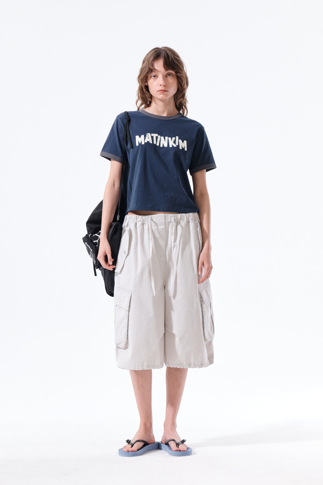 Matin Kim Logo Ringer Crop Top — Navy blue