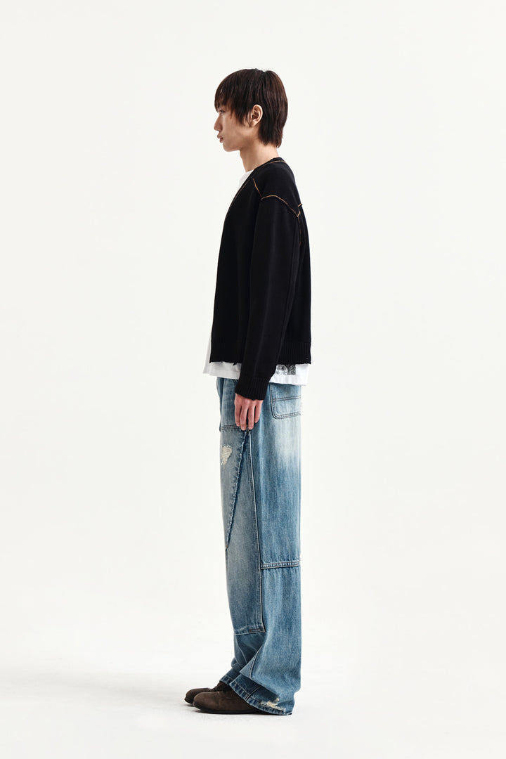 Matin Kim Back Logo Line Point Knit Cardigan — Black