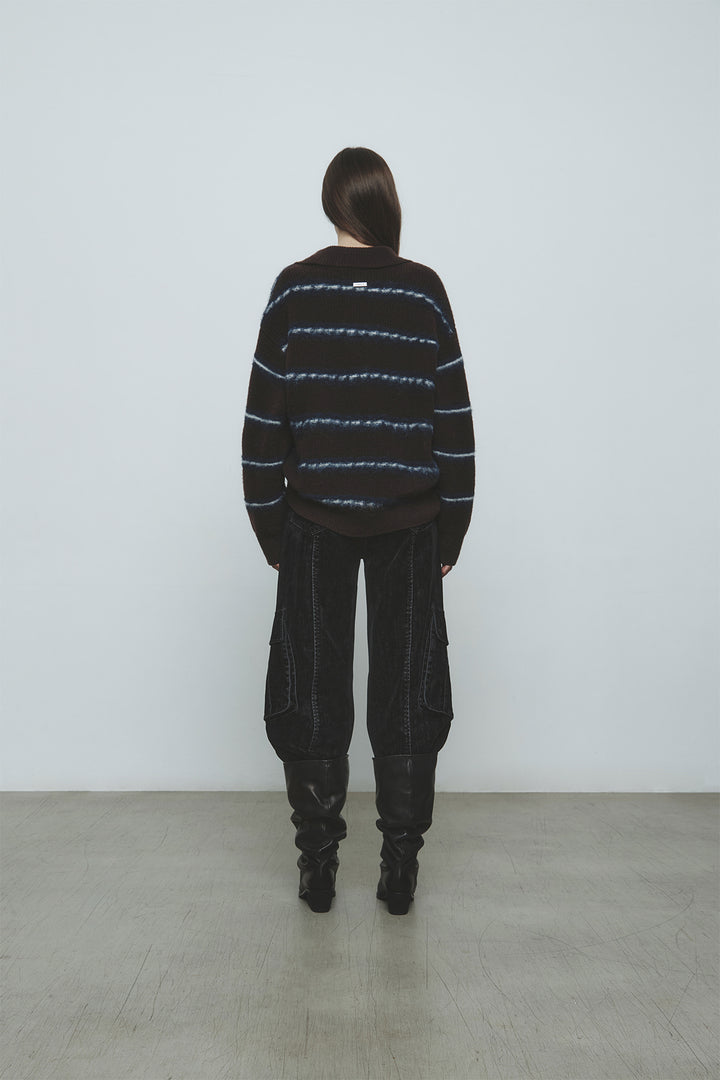 KIMMATIN Hairy Stripe Piqué Knit Top — Brown