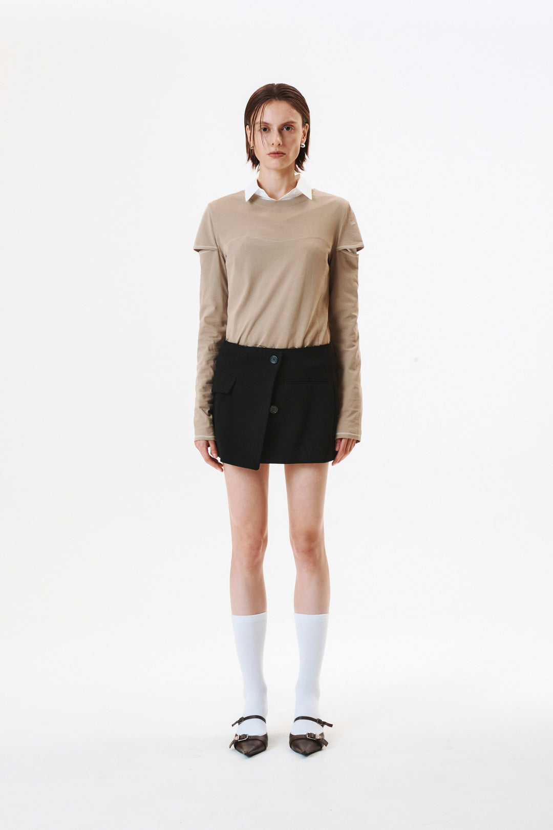 KIMMATIN Stitch Cut Out Long Sleeve Top — Beige