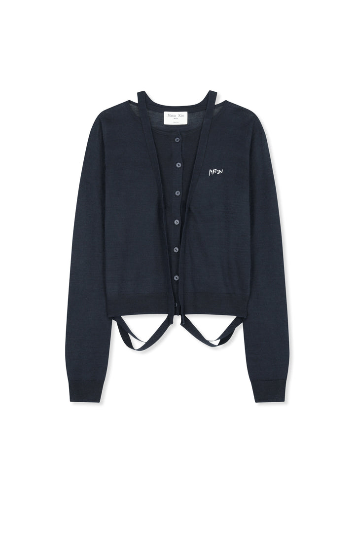 Matin Kim String Detail Knit Cardigan — Dark Navy