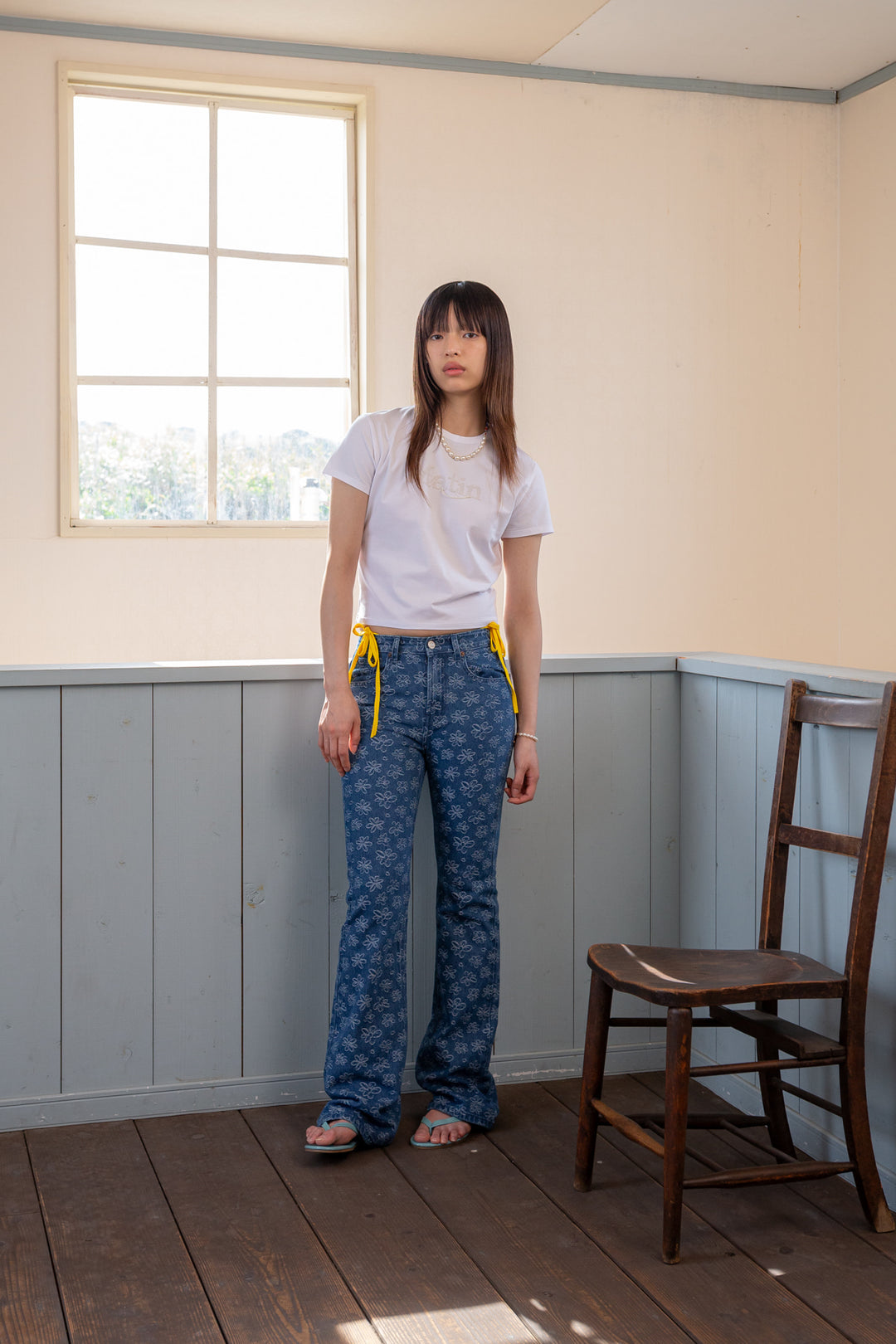 Matin Kim Flower Pattern Flare Denim — Blue