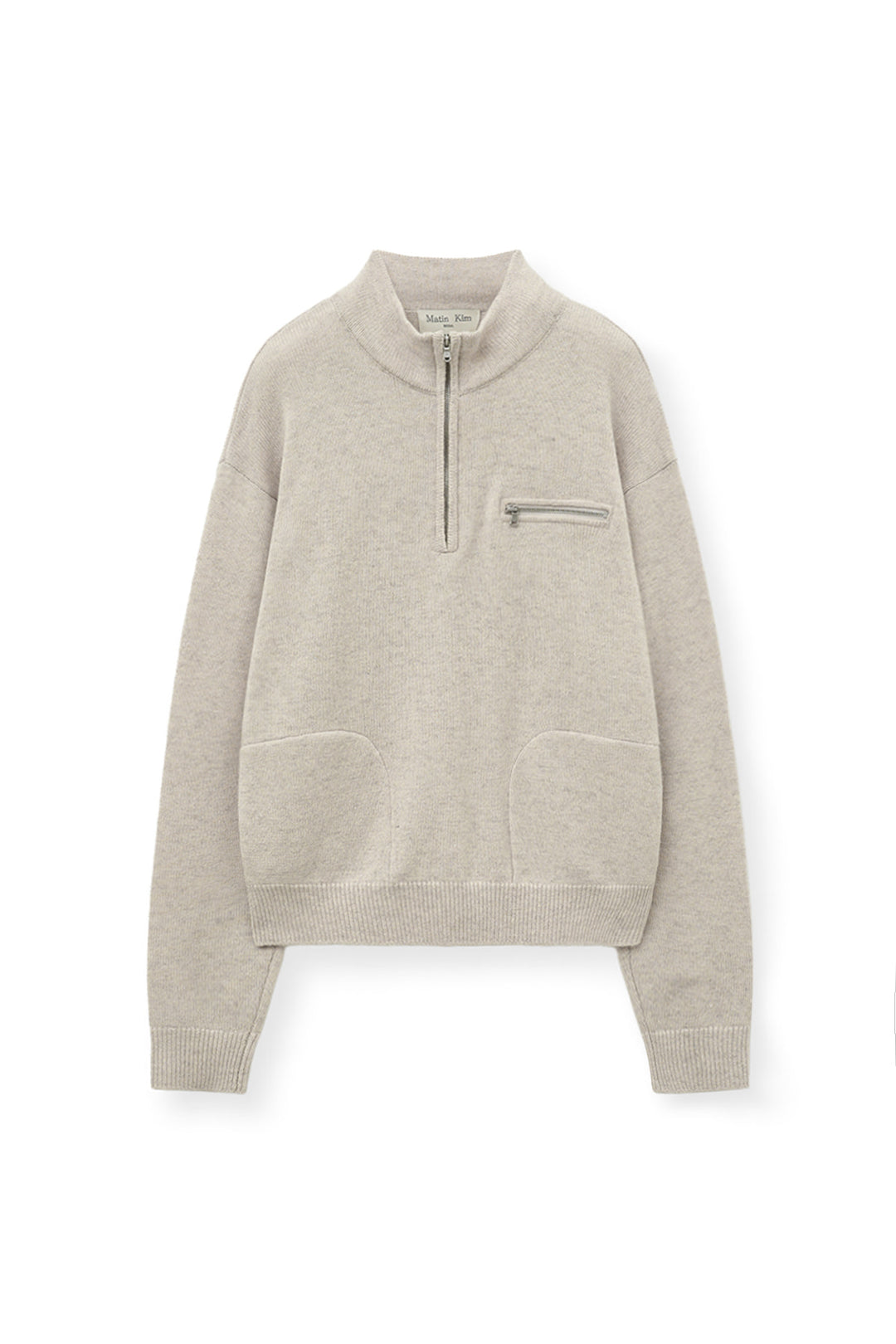Matin Kim Back Logo Half Knit Zip Pullover — Beige