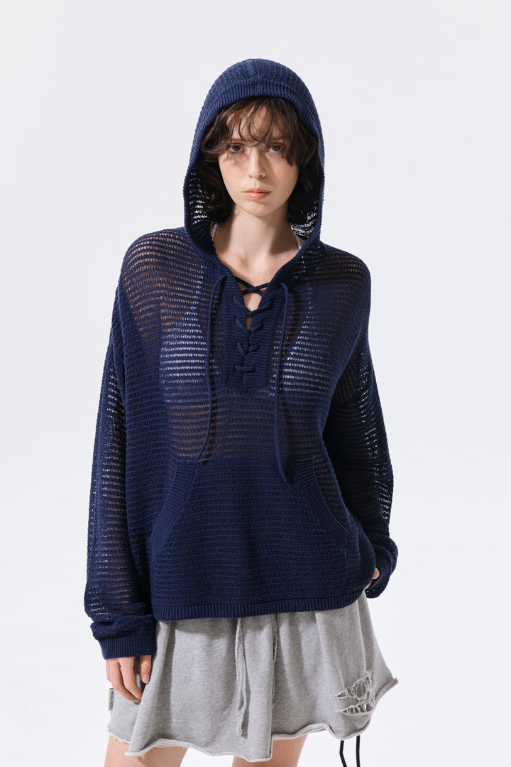 Matin Kim Oversized Mesh Knit Hoodie — Navy blue