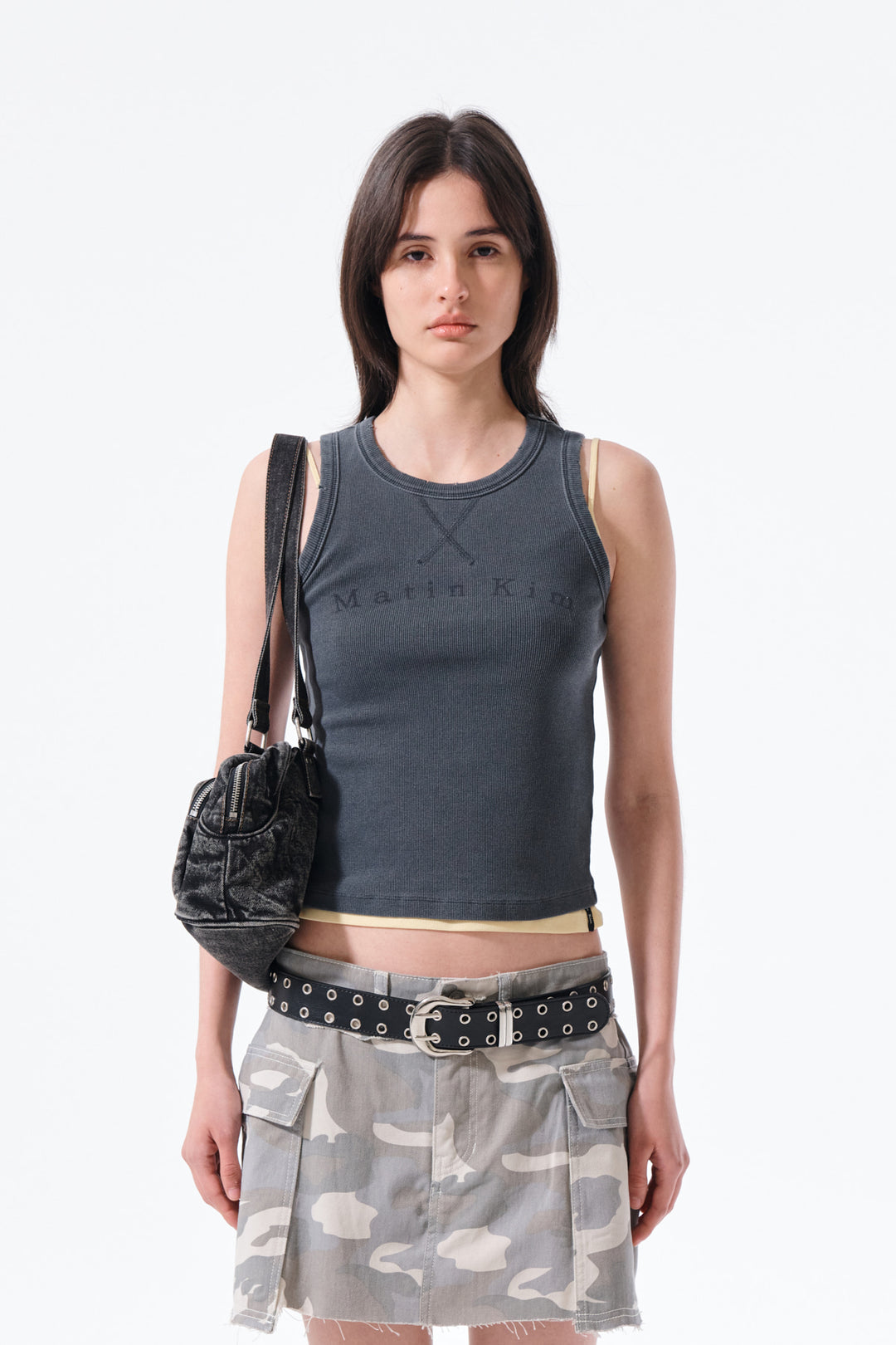 Matin Kim Distressed Sleeveless Logo Top — Charcoal