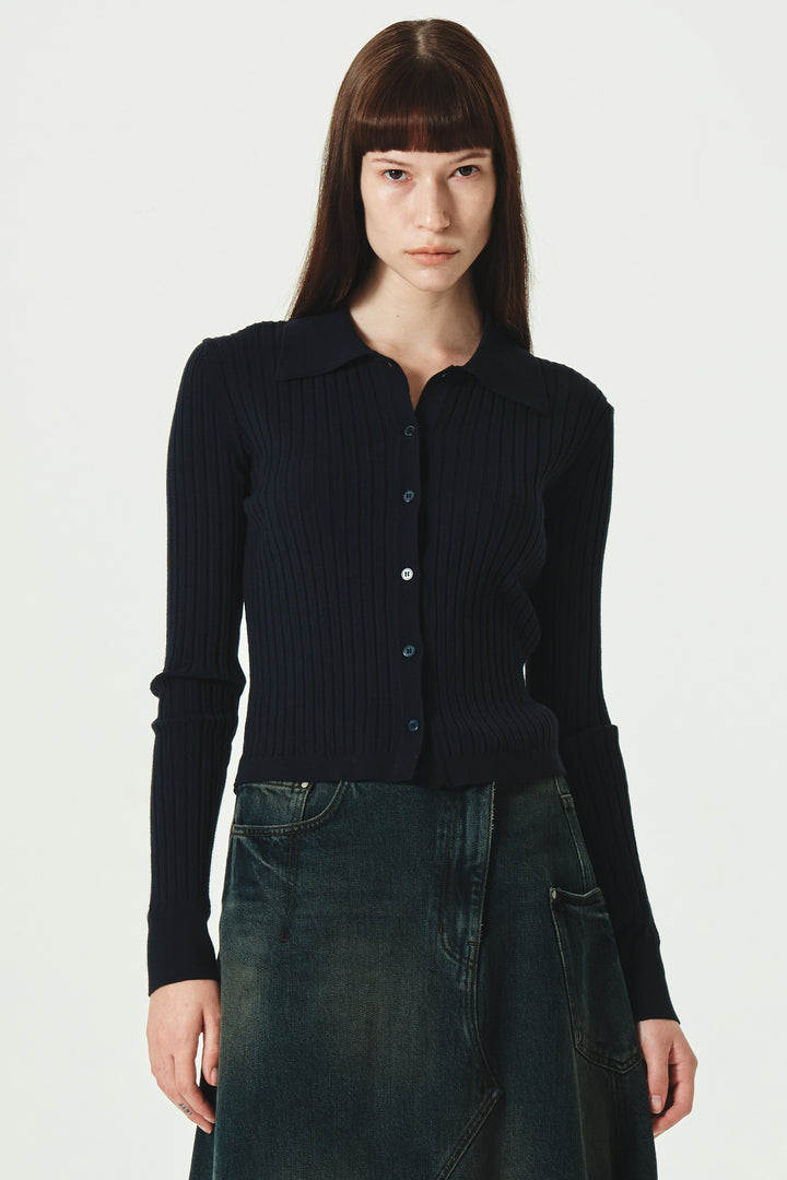 KIMMATIN Collar Point Ribbed Button Knit Cardigan — Navy blue